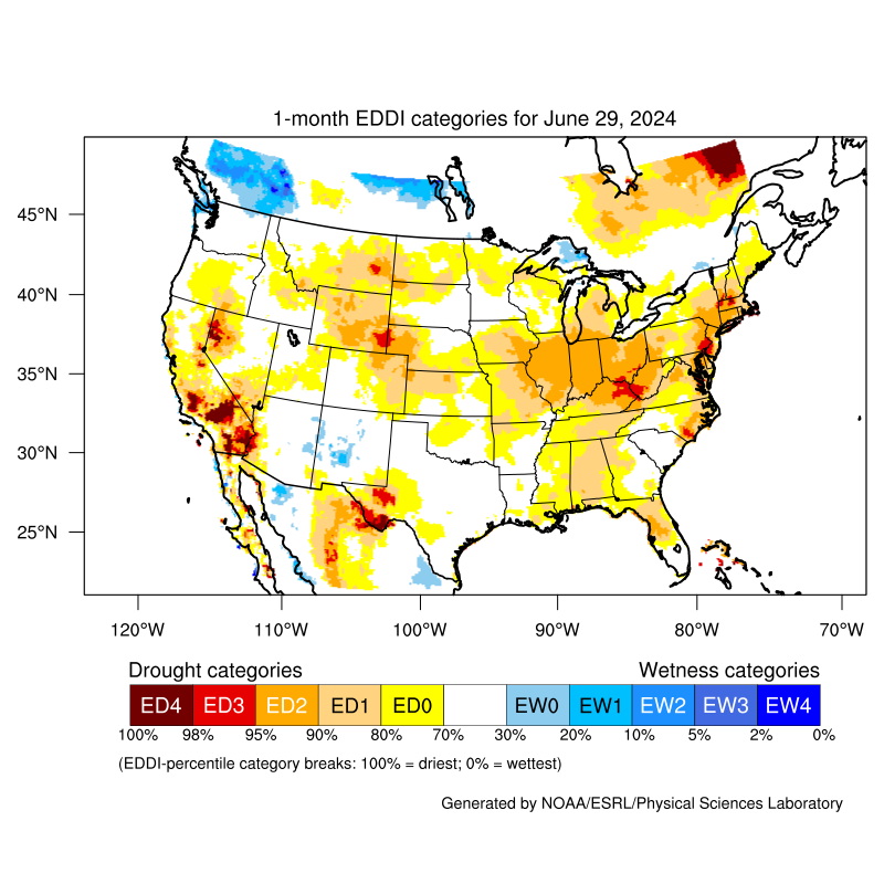 The EDDI maps display atmospheric evaporative demand anomalies across a timescale of interest relative to its climatology to indicate the spatial extent and severity of drought.